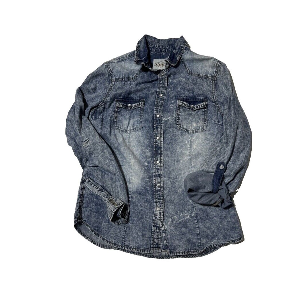 YMI Junior Button Down Shirt Pearl Snap Western Blue Acid Wash Rancher Medium